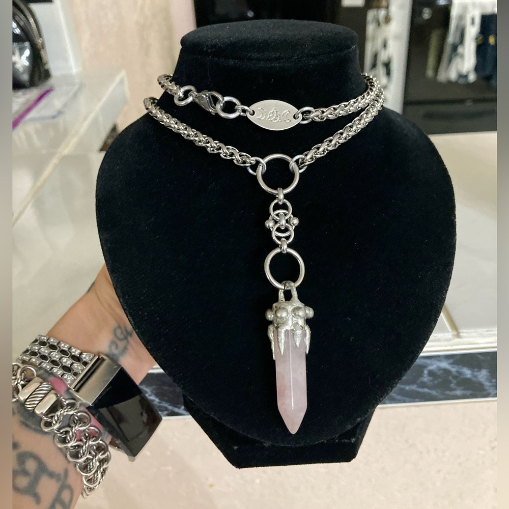 Genuine rose quartz bullet stainless steel maille celtic knot lariat Y necklace - Picture 2 of 16